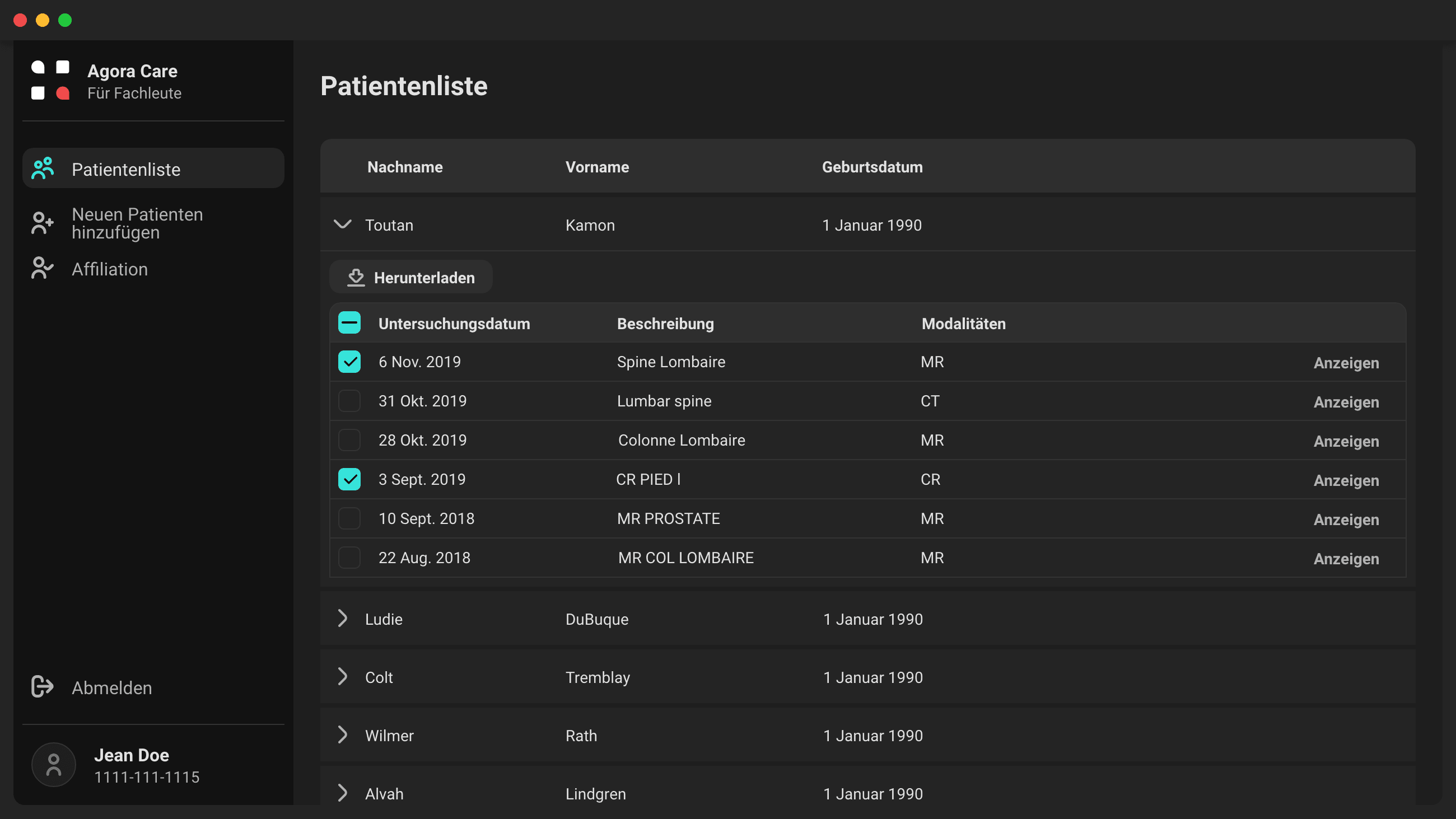 Übersicht der Agora Care-Plattform für Gesundheitsfachpersonen, mit Zugang zu medizinischen Untersuchungen, Berichten und DICOM-Bildern.
