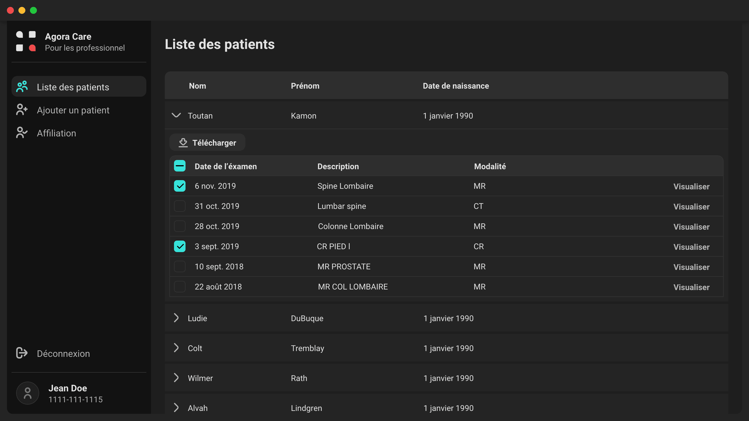 Aperçu de la plateforme Agora Care pour les professionnels de santé, avec accès aux examens médicaux, rapports et images DICOM.