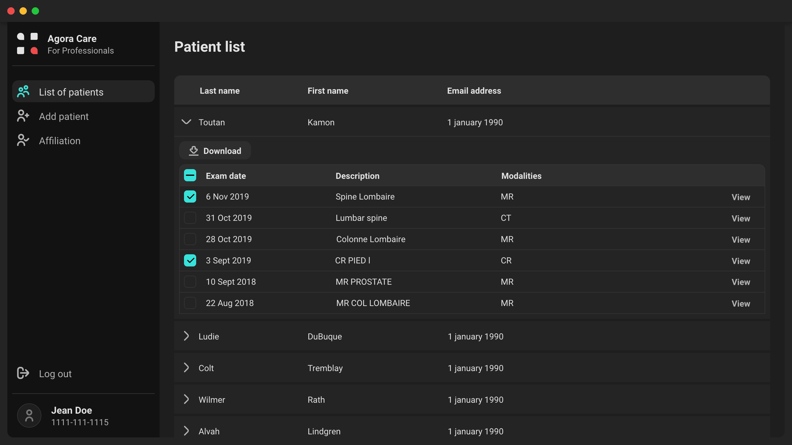 Overview of the Agora Care platform for healthcare professionals, with access to medical examinations, reports and DICOM images.